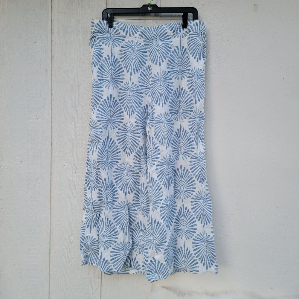 Joie Womens Blu/Wht Cropped Leaf Print 100% Linen Wide Leg Pants Size XL Beachy